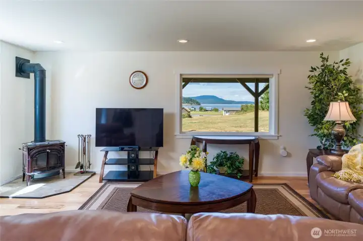 Lower level family room with wood stove.
