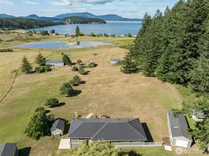 Birdseye viewlLooking toward Swift Bay.  One of the garage buildings on the right.