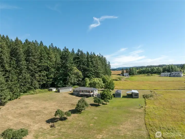 The buildings are in the center of the 5 acres with woods to the east and pasture to the west.