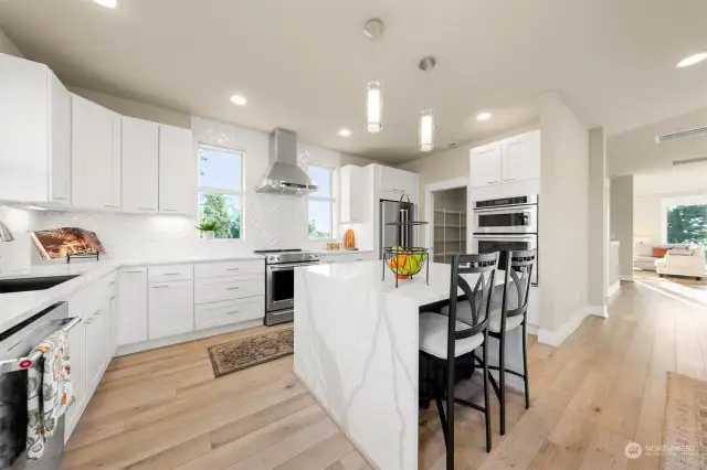 Kitchen with quartz water fall counter