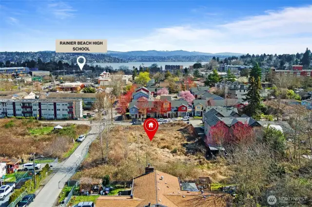 Lots marked with Red Arrow, view in relation to Lake Washington and nearest high school.