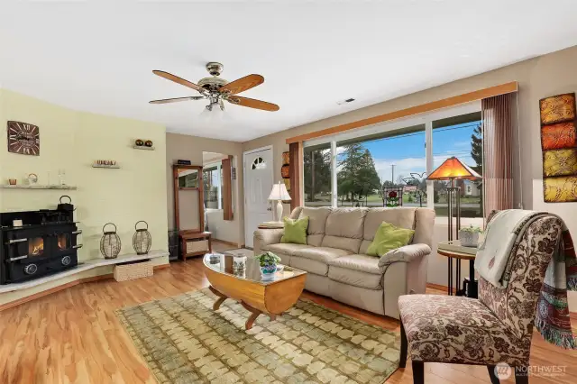 Living room with wood burning stove.