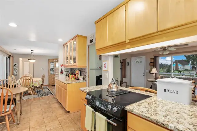 Kitchen with pass thru to living room
