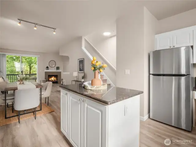 Large kitchen island and updated counters and appliances
