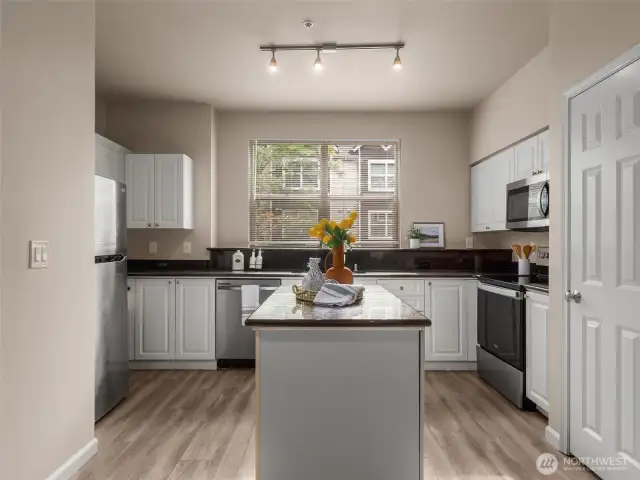 Large kitchen island and updated counters and appliances