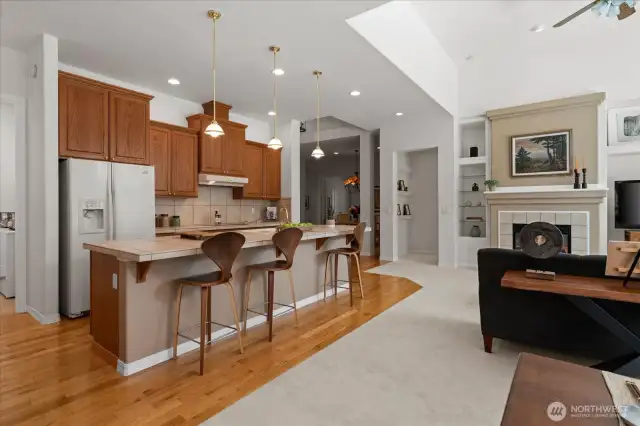 A bakers delight, the long kitchen bar provides ample space for rolling out dough or serving large parties