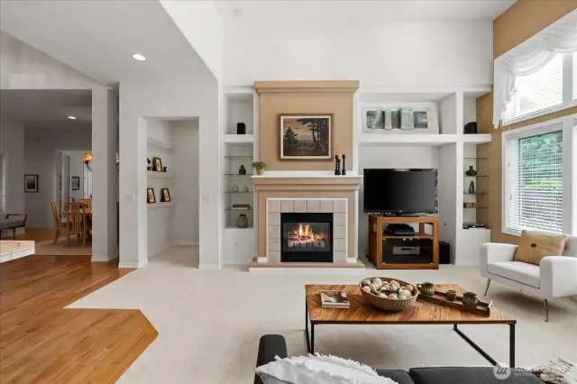 Cozy gas fireplace surrounded with plant ledges and glass shelving, creating a visually stimulating focal point