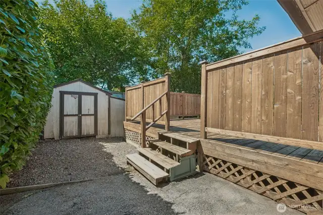 Here's one of two exits off the deck. The shed is shown in this photo too.