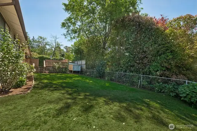Looking back from the corner of the yard back towards the deck. A row of roses on your left!