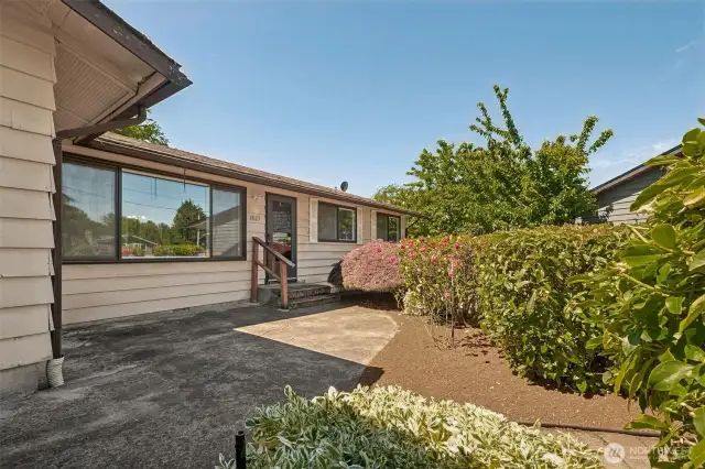 Mature landscaping, walkway, and patio in front of the home.