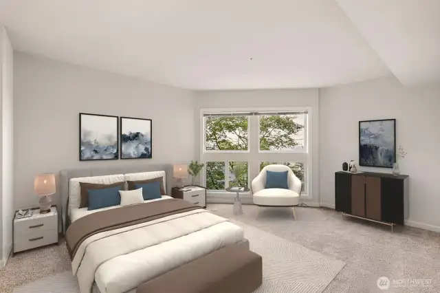 Primary bedroom with floor to ceiling  windows allow for the most light into the  bedroom.