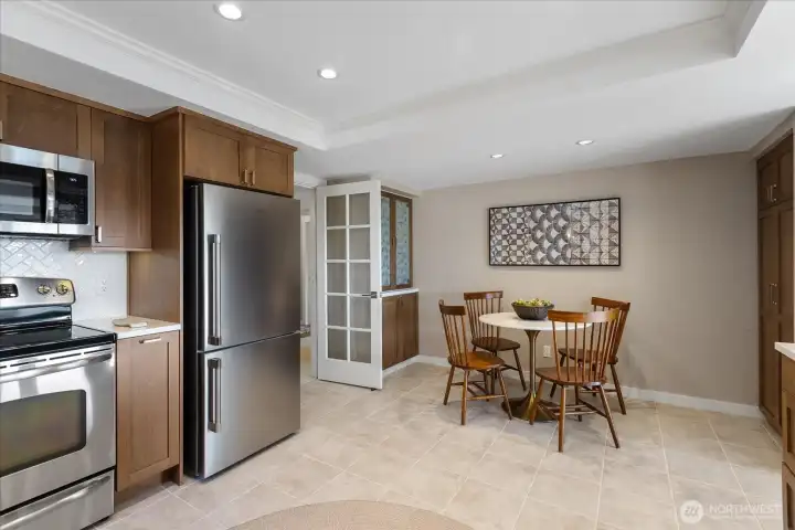 Recessed lighting and eating space.