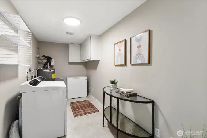 Over-sized laundry with storage and separate sink.