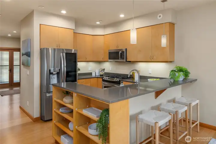 Casual dining or friends gathering for a glass of wine as you prep delightful dining options.