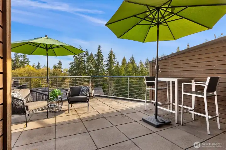 The upper deck has room to BBQ and dine will enjoying the green view.