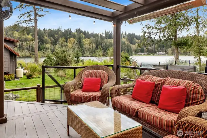 Lake Whatcom views from the lower entertaining space with gas fireplace.