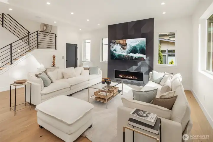 Linear gas fireplace keeps the space cozy