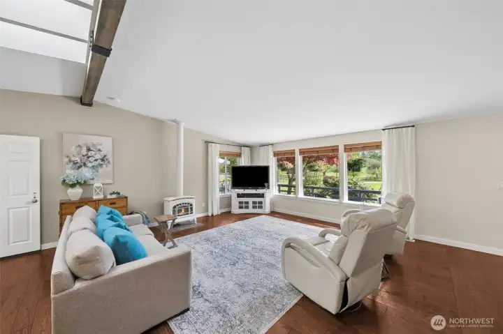 View from kitchen, skylights, beamed