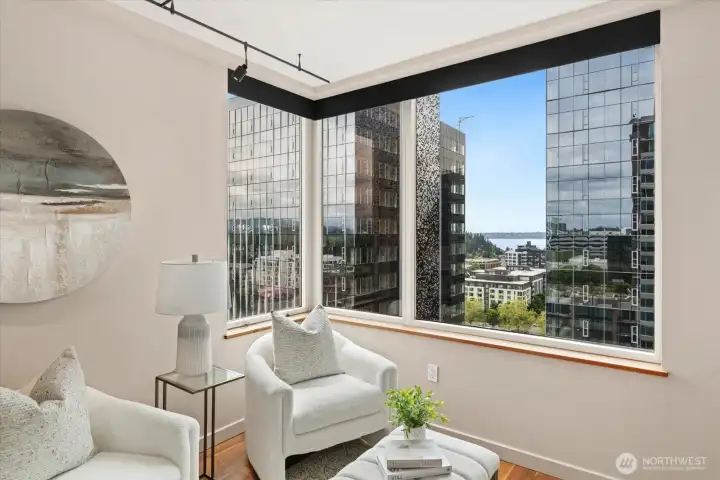 Lake Washington and Seattle views peek through the buildings, and you have a great view of Mount Rainier to the South