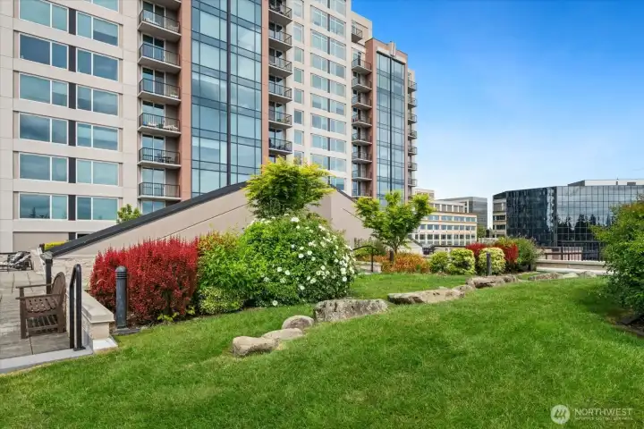 Having a grassy area on the rooftop deck helps create a sense of calm while you are in the middle of downtown Bellevue.