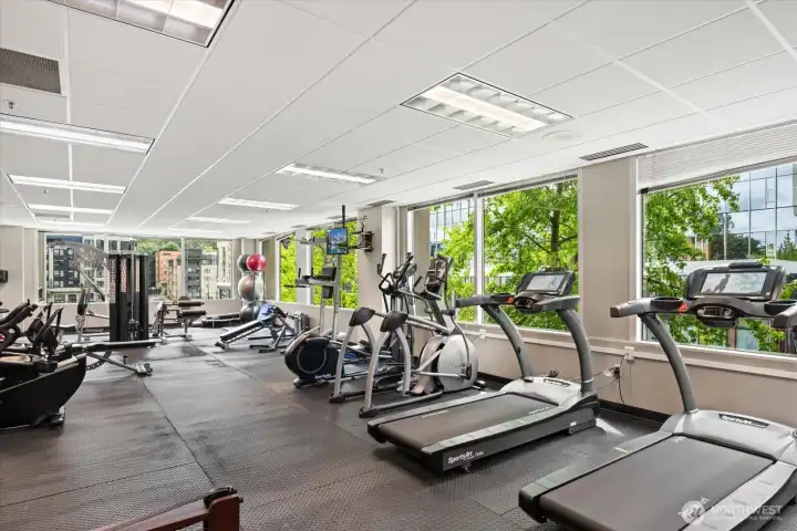 You have your choice of equipment here, don't miss the locker rooms adjacent to this space.