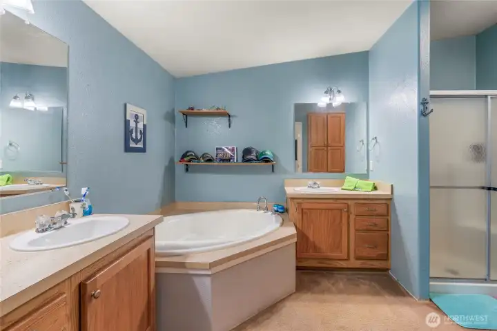 Huge soaking tub, two vanities and a walk in shower.