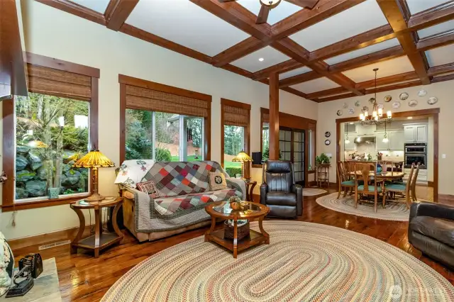 Additional Angle of the Living Space Looking to the Dining & Kitchen~Wood Wrapped Windows~
