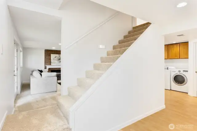 Here is a good perspective of the downstairs. Laundry, bathroom, garage and utility area to the right. Rec room with brand new carpet to the left.