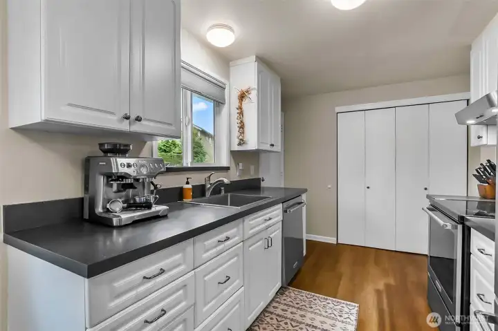 kitchen with window to backyard