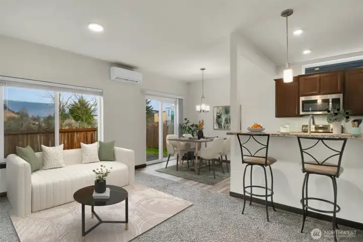 Great Room View to Kitchen Eating Bar & Dining Area-Virtually Staged