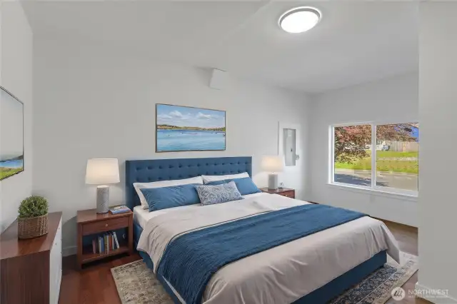Virtually staged large room to handle two twins beds with ease