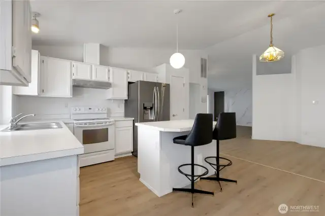 Open style kitchen with access to back yard and living room