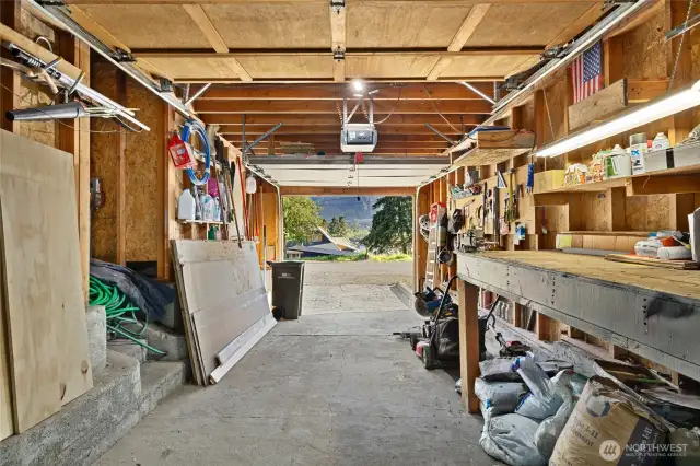 Extra deep garage with built in workbench.
