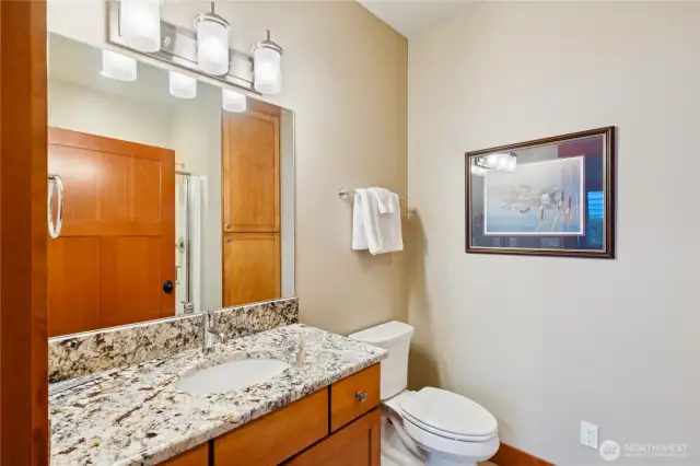 Second main level suite bathroom has warm wood details and granite counters.