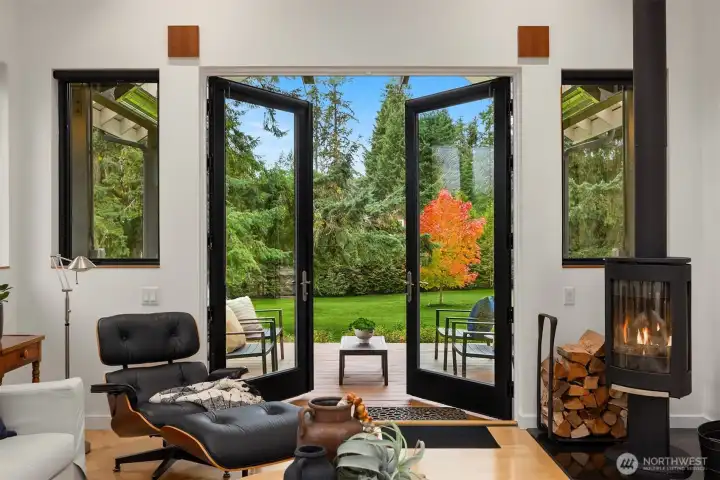 French doors open to the covered, heated deck.