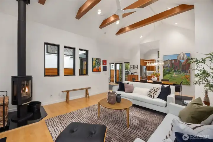 View from the French doors back to the entry and kitchen.
