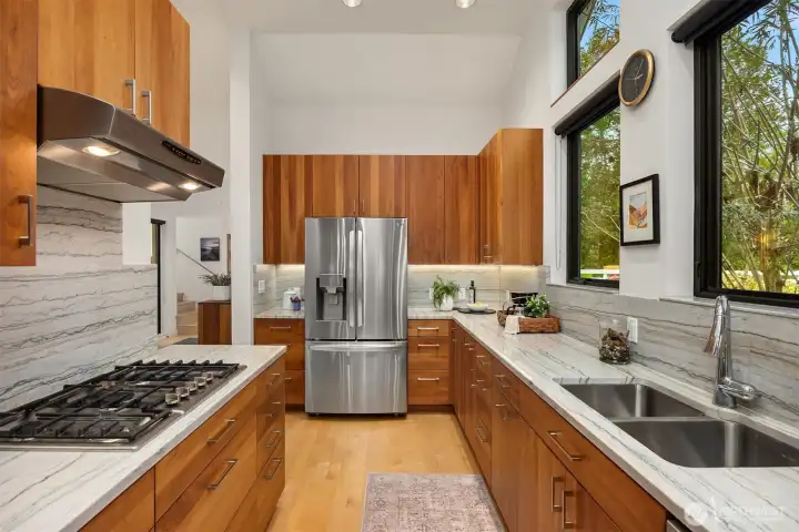 Bosch 5 burner stove with Allure fan and Elkay stainless steel double sink. LG side-by-side fridge with water dispenser and ice maker.