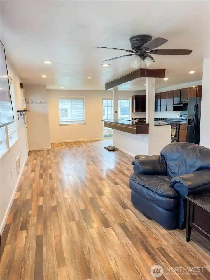 living room into kitchen