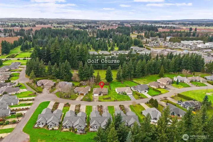 Aerial view showing the home's location backing to the golf course.