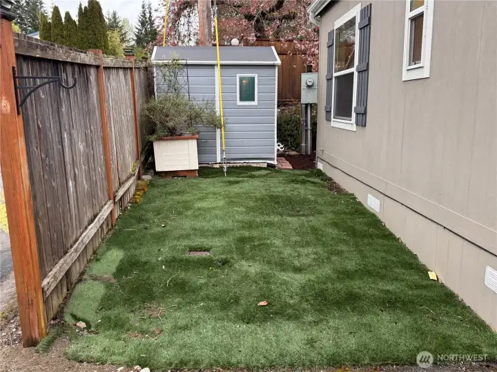 Easy-care yard with artificial turf and extra storage.