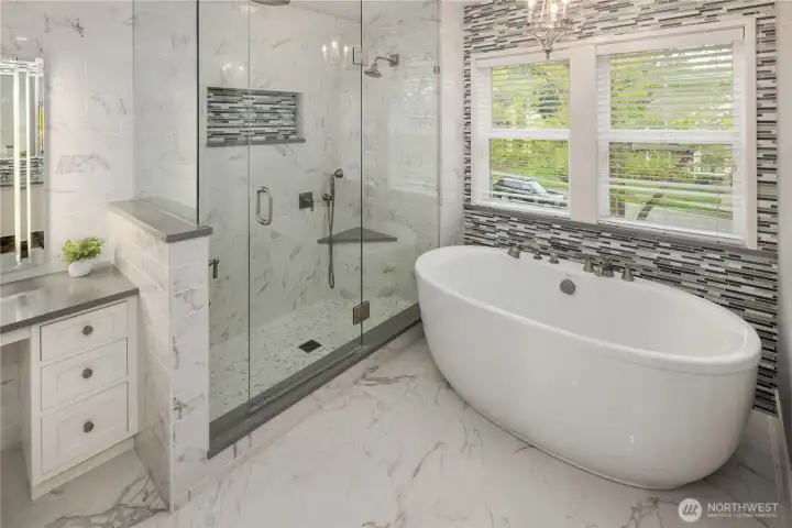 Frameless shower, Rain showerhead, custom tiles to ceiling