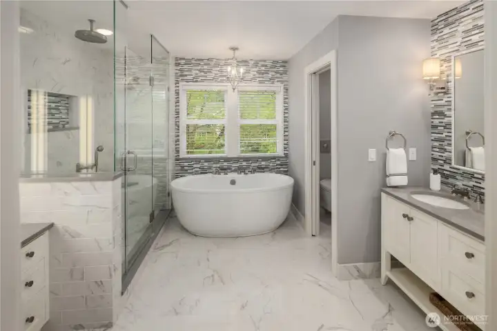 Soak-In tub, double vanities and a make-up vanity too!