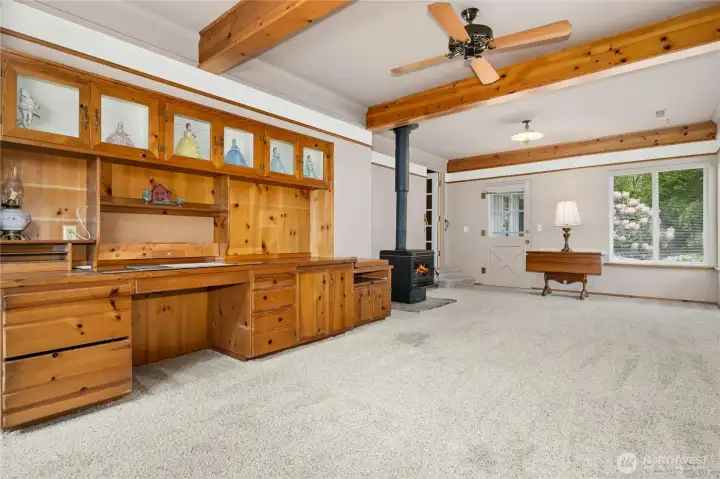 Built in cabinets and wood burning stove