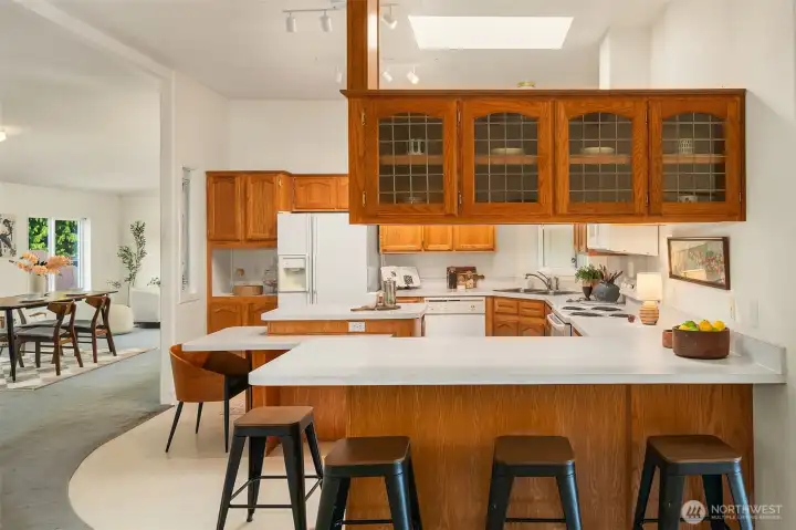 Eating bar between family room and kitchen.