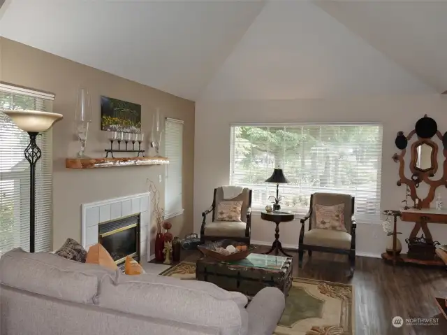 Living Room w/ hip-style vaulted ceiling.