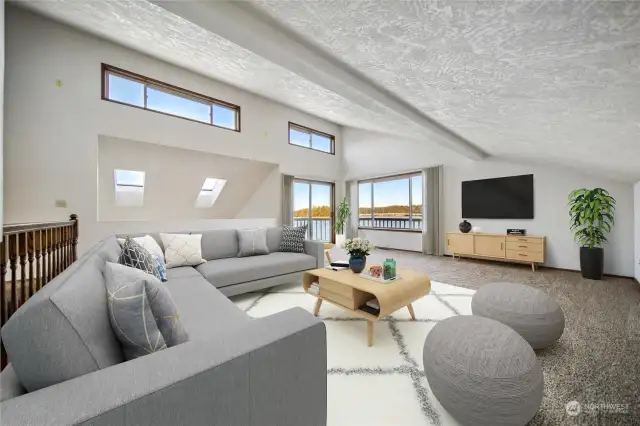 Upper family room, with view and balcony. Virtually staged.