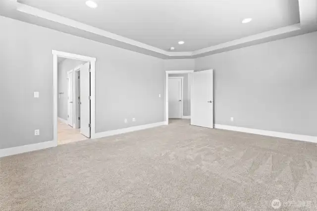 Lg Primary bedroom with  lg windows & relaxing beautiful tree line view, no direct neighbors behind this home!