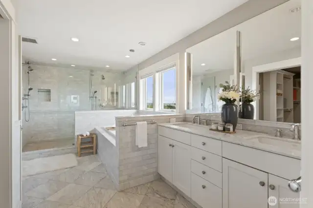 Every day feels like a trip to the spa in this luxe primary bathroom.
