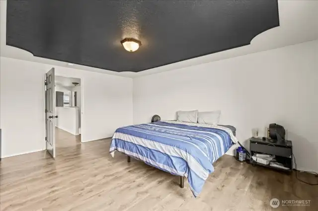 Spacious Primary Suite With A Beautiful Decorative Ceiling.