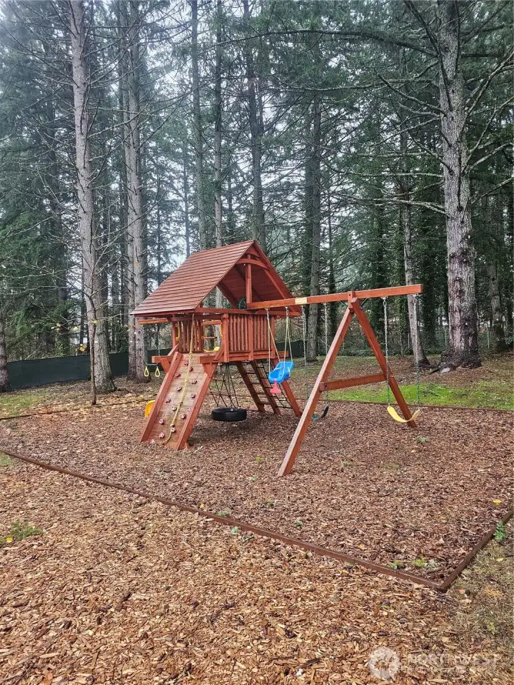 Swing set with slide and climbing area.
